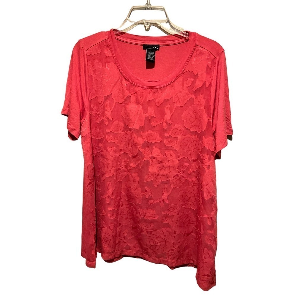 RXB Blouse Top Women's Size L Peach Floral Crew Neck Short Sleeve Pullover Rayon